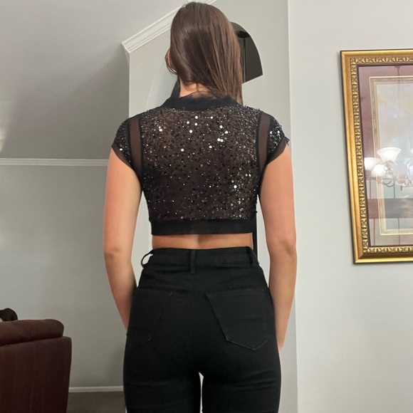 Black Mesh Sequin Crop Top Bra Top Wrap with Front Tie - Picture 2 of 3